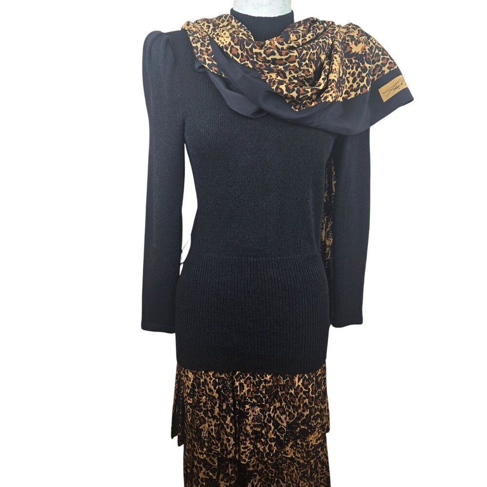 Vintage 80s Raul Blanco Cheetah Scarf Sweater Silk Skirt Suit Set Womens 6 Black
